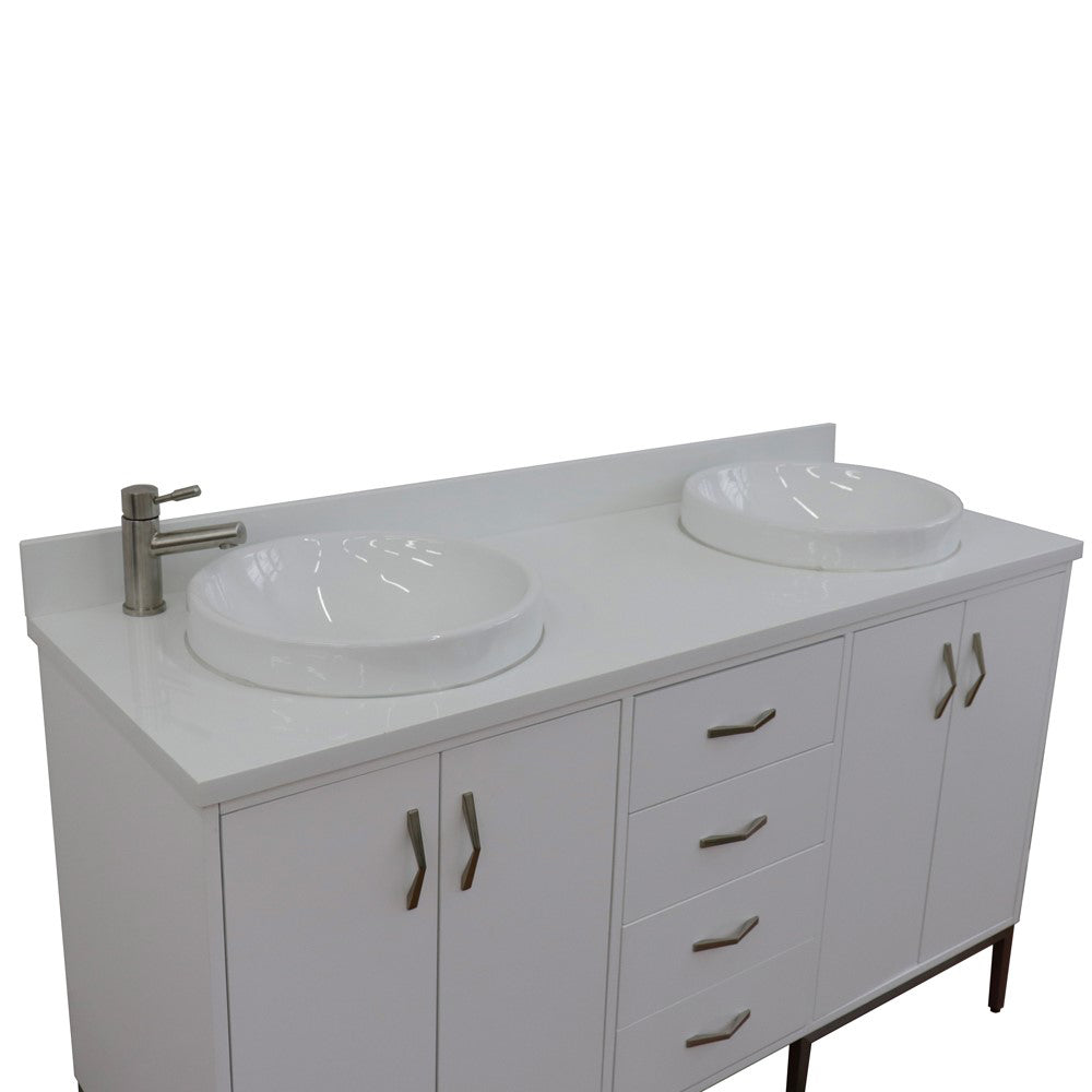 61" Double sink vanity in White finish with White engineered stone and round sink