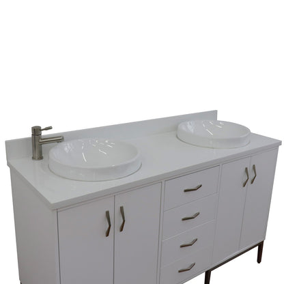 61" Double sink vanity in White finish with White engineered stone and round sink