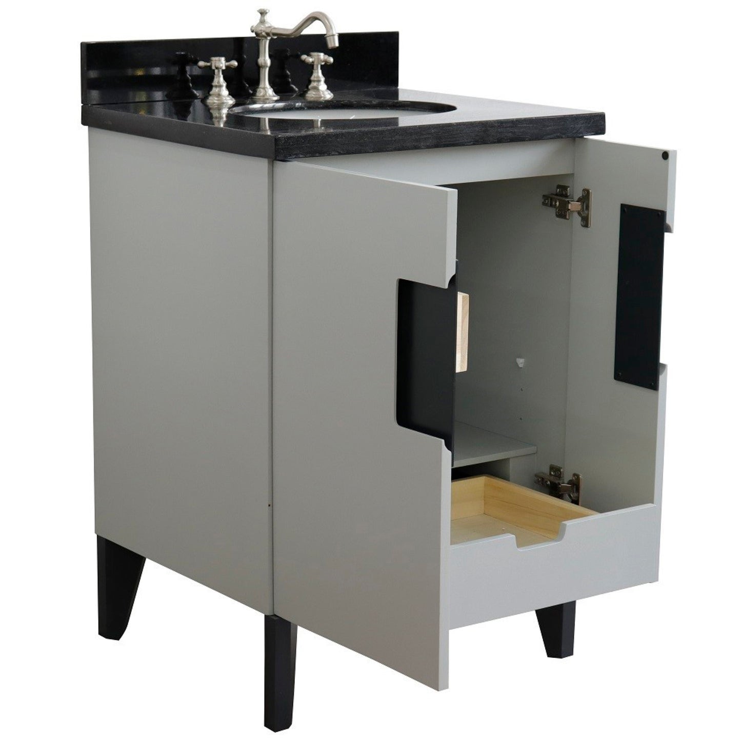 25" Single sink vanity in Light Gray finish with Black galaxy granite and oval sink