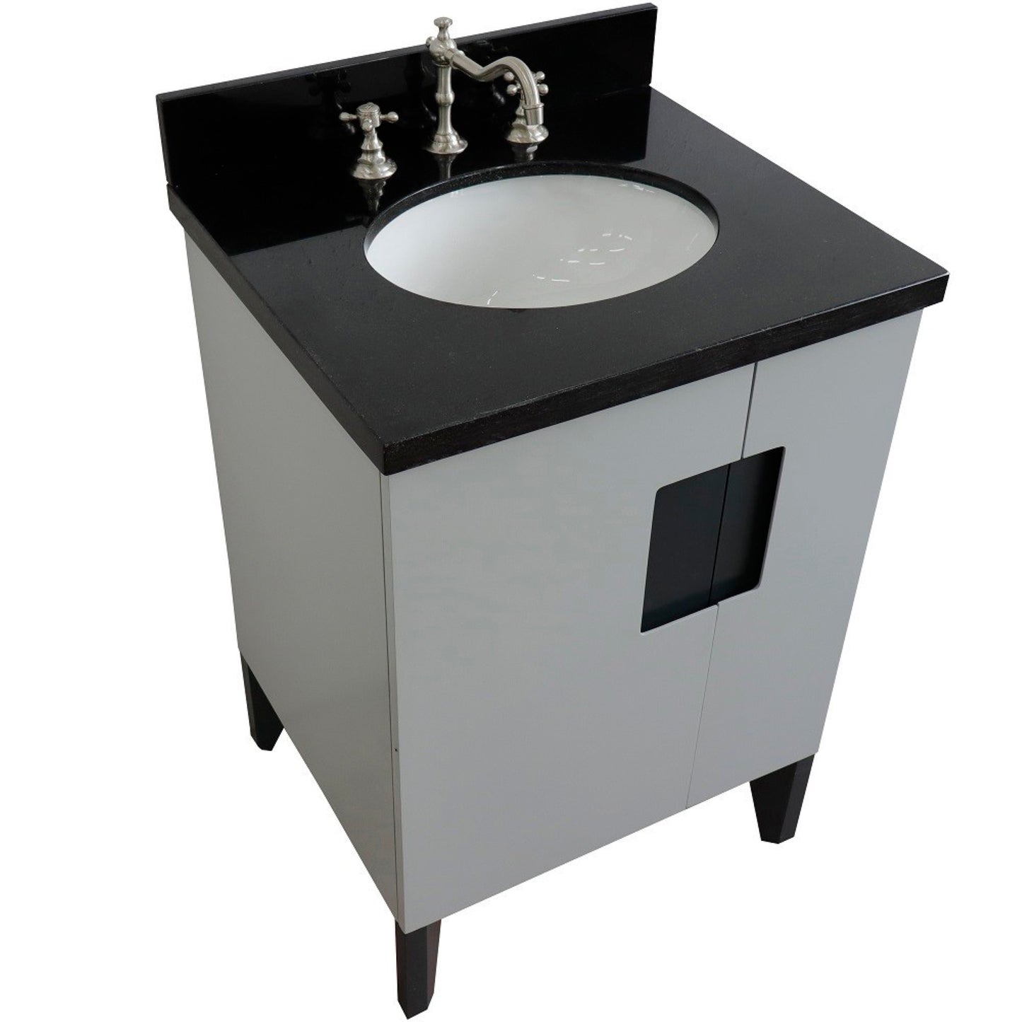 25" Single sink vanity in Light Gray finish with Black galaxy granite and oval sink