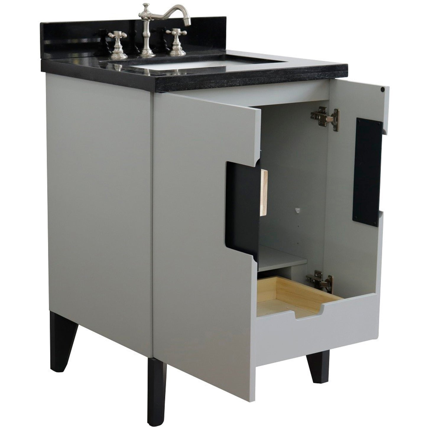 25" Single sink vanity in Light Gray finish with Black galaxy granite and rectangle sink