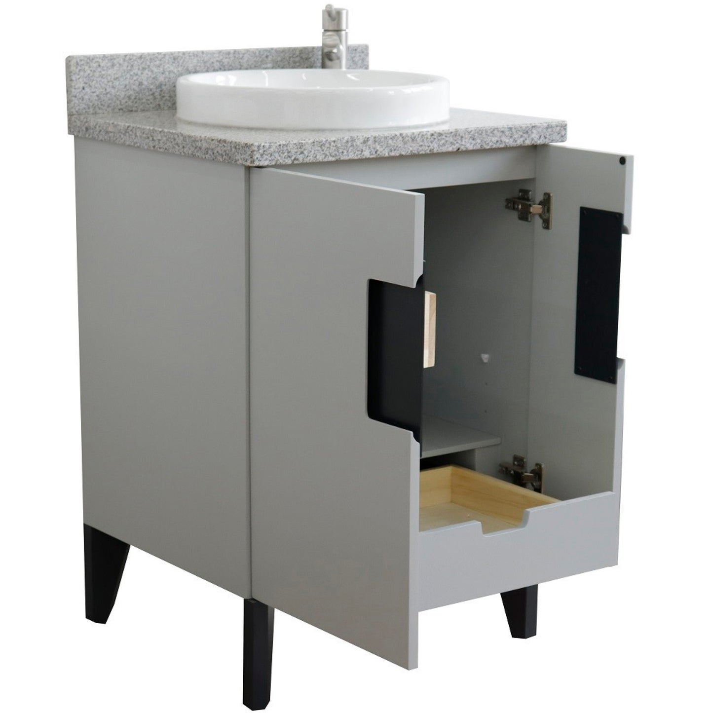 25" Single sink vanity in Light Gray finish with Gray granite and round sink