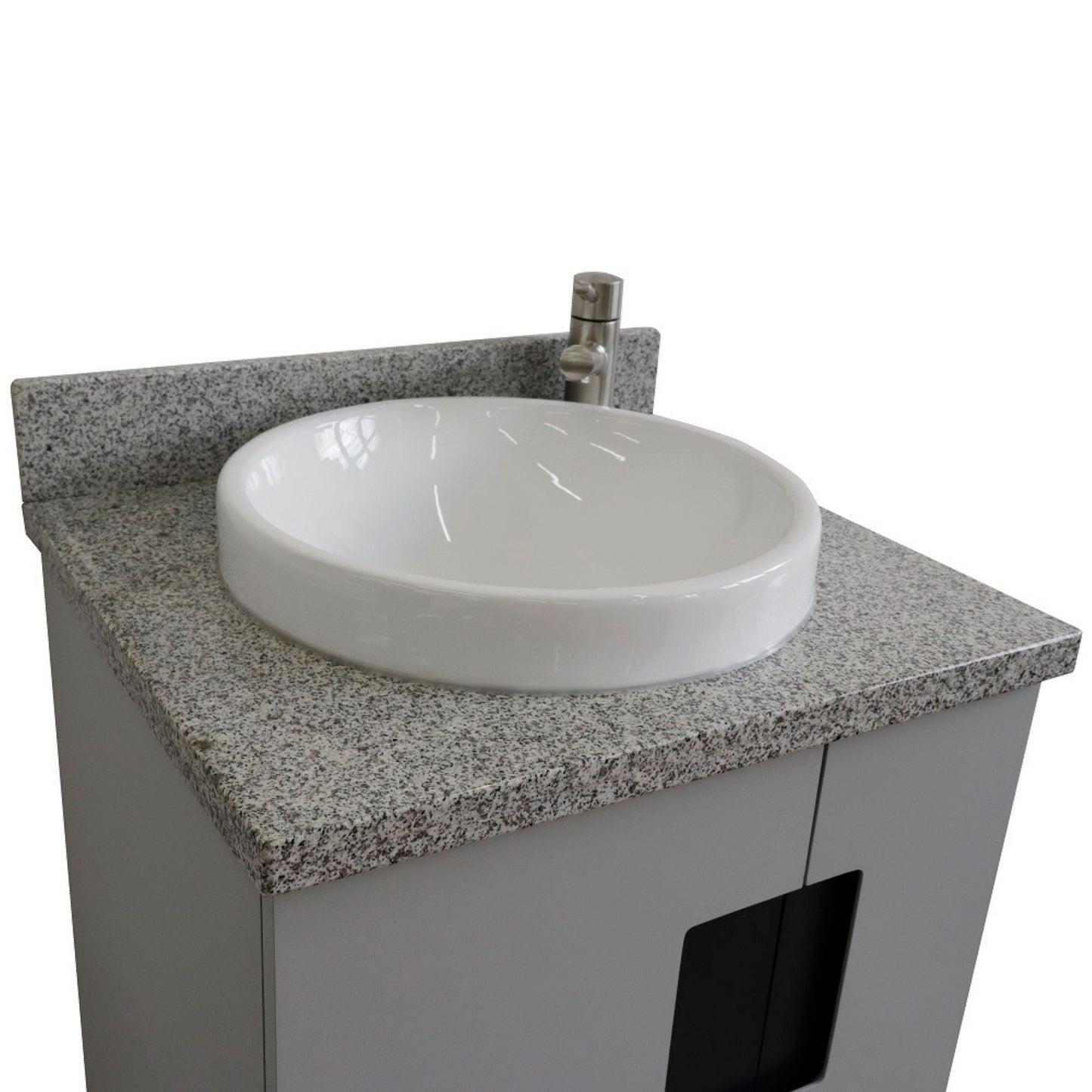 25" Single sink vanity in Light Gray finish with Gray granite and round sink