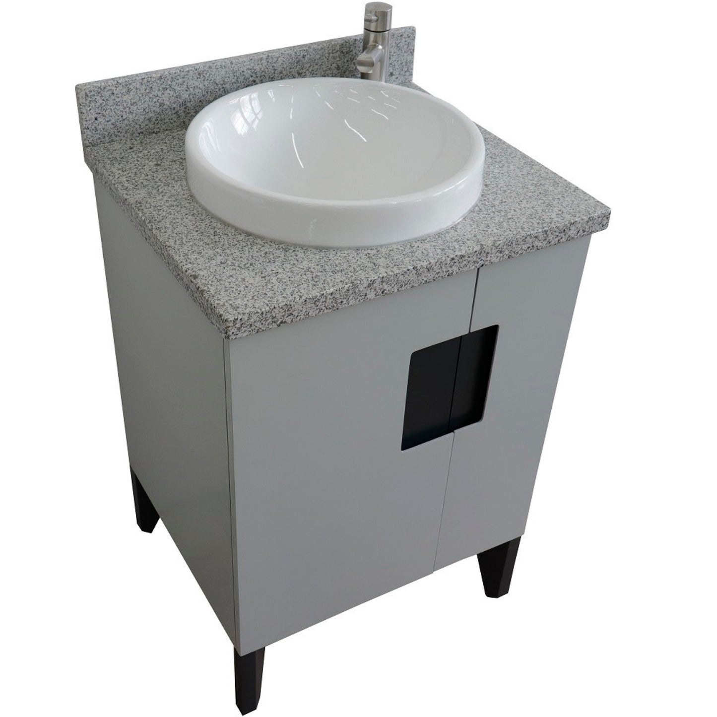 25" Single sink vanity in Light Gray finish with Gray granite and round sink