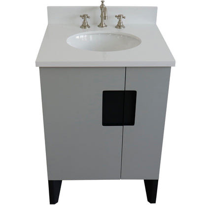 25" Single sink vanity in Light Gray finish with White engineered stone and oval sink