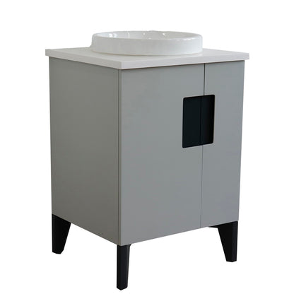 25" Single sink vanity in Light Gray finish with White engineered stone and round sink