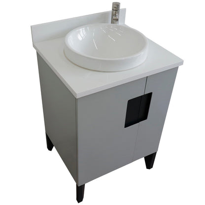 25" Single sink vanity in Light Gray finish with White engineered stone and round sink