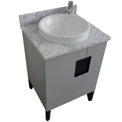 25" Single sink vanity in Light Gray finish with White Carrara marble and round sink