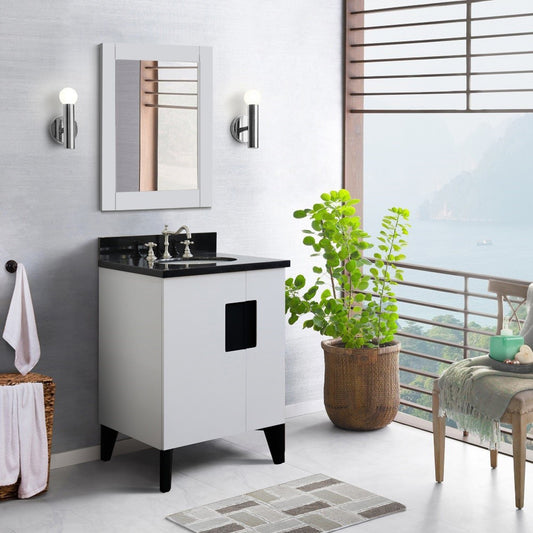 25" Single sink vanity in White finish with Black galaxy granite and oval sink