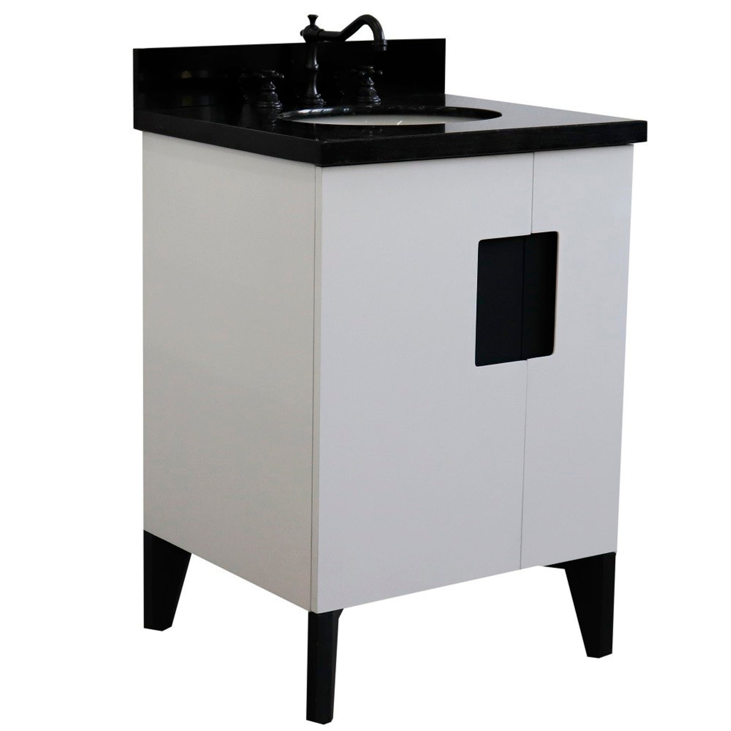 25" Single sink vanity in White finish with Black galaxy granite and oval sink