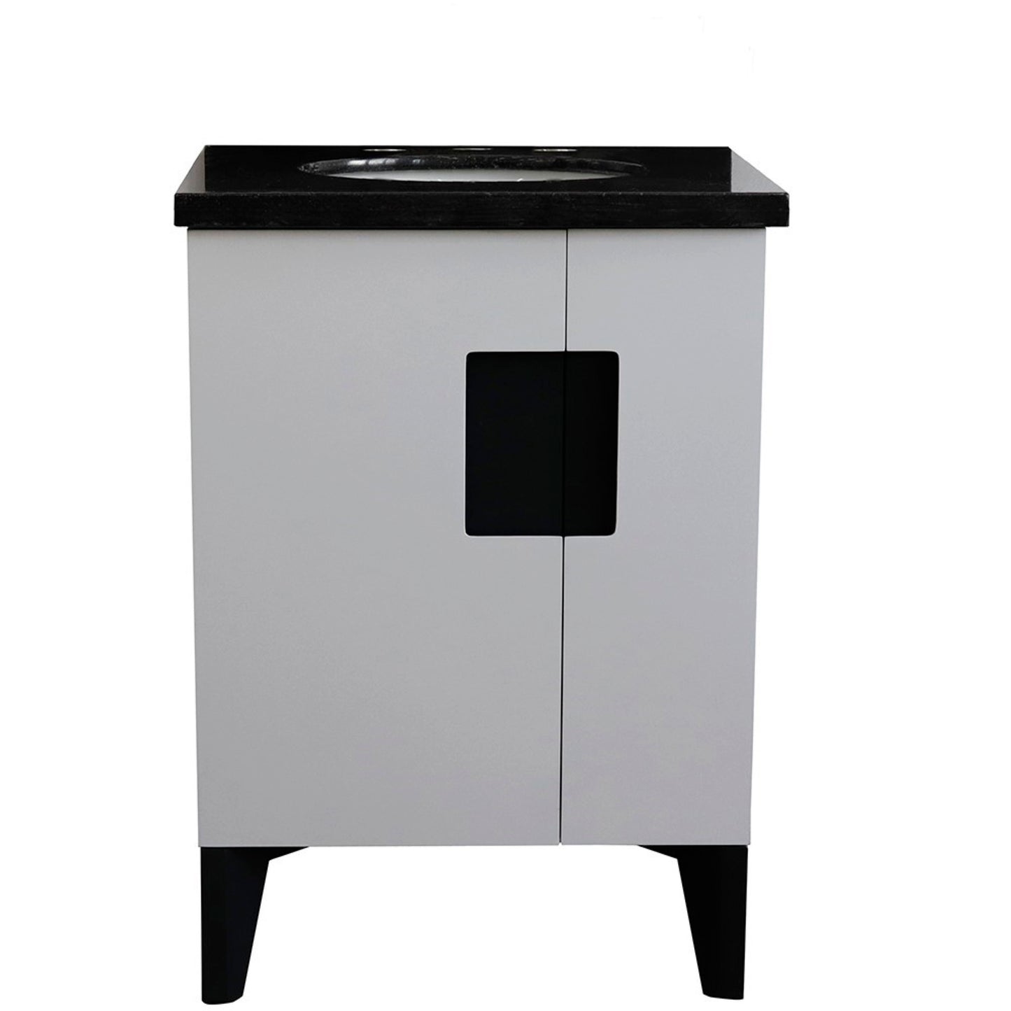 25" Single sink vanity in White finish with Black galaxy granite and oval sink