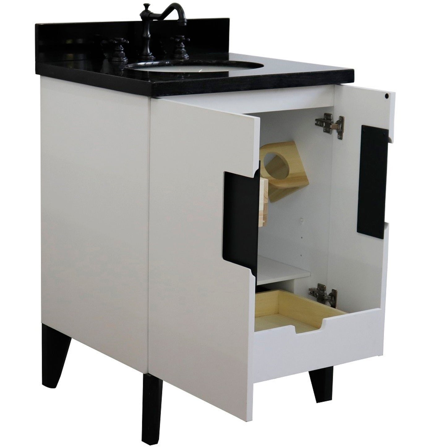 25" Single sink vanity in White finish with Black galaxy granite and oval sink