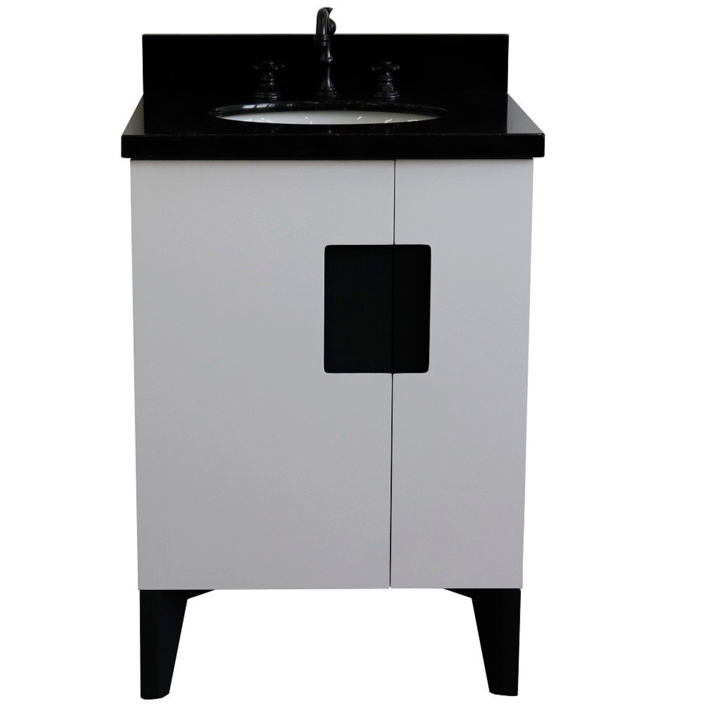 25" Single sink vanity in White finish with Black galaxy granite and oval sink