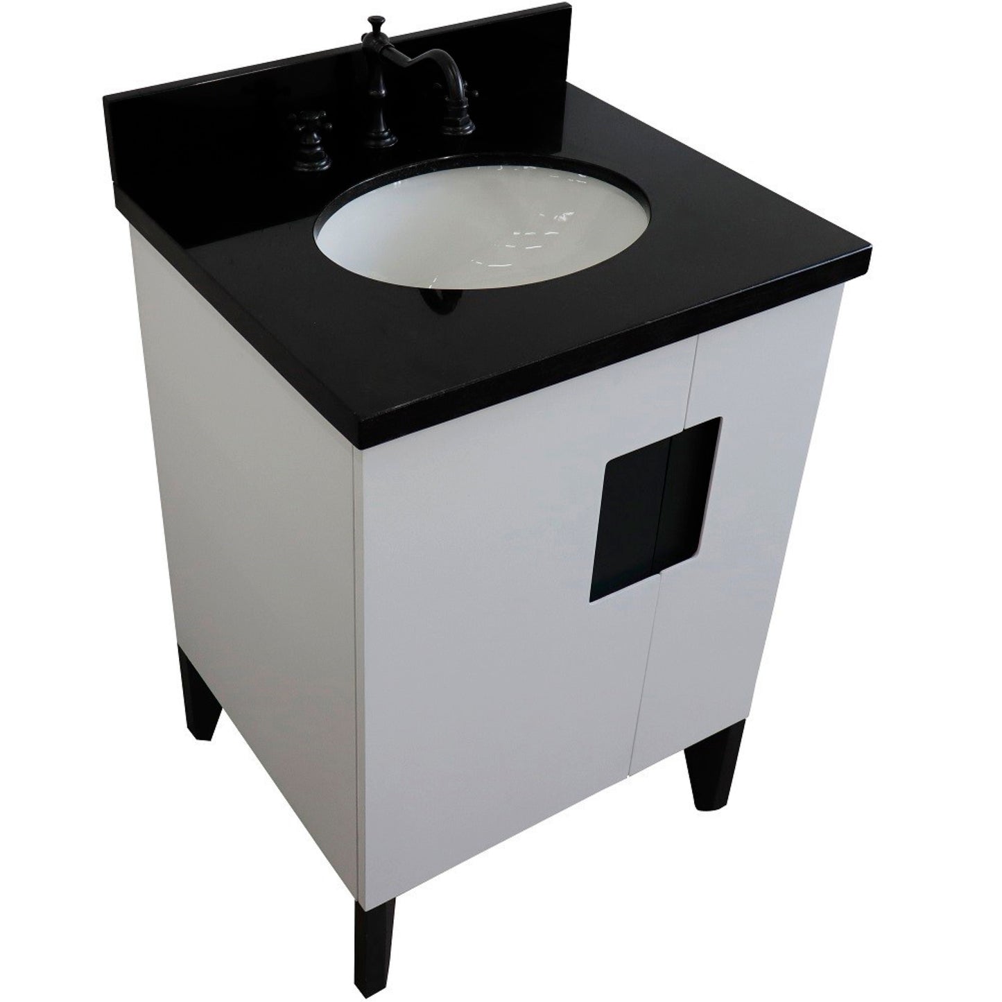 25" Single sink vanity in White finish with Black galaxy granite and oval sink