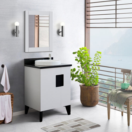 25" Single sink vanity in White finish with Black galaxy granite and round sink