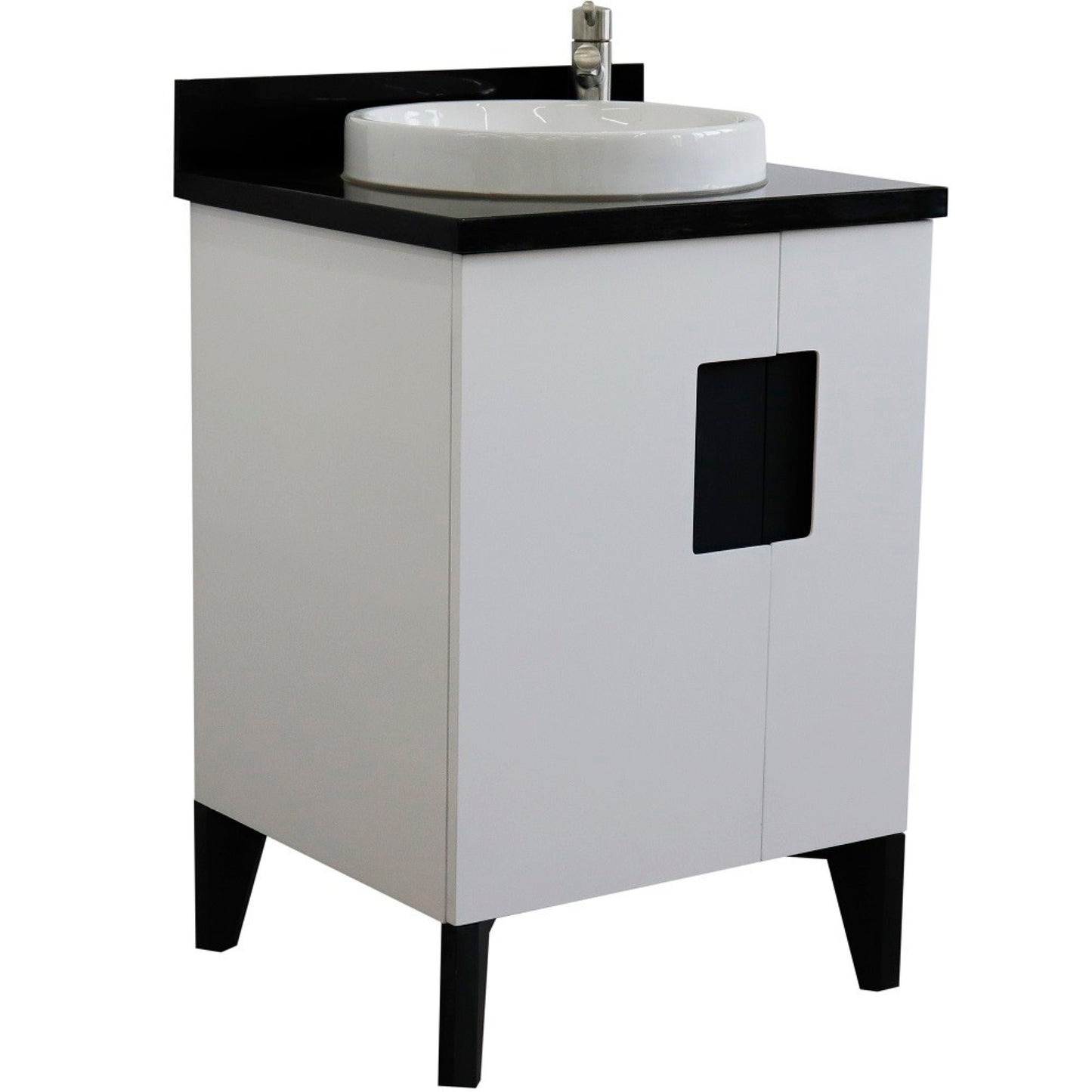 25" Single sink vanity in White finish with Black galaxy granite and round sink