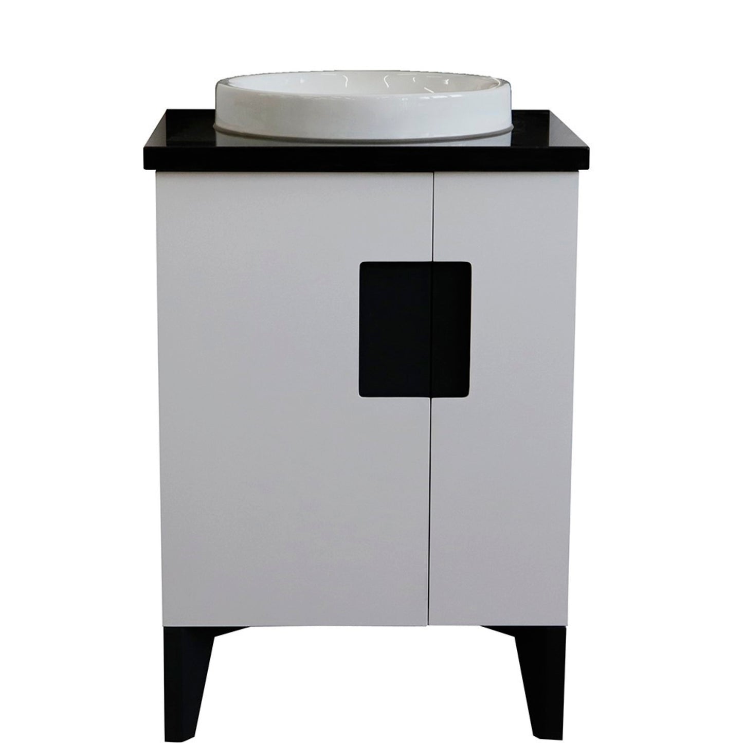 25" Single sink vanity in White finish with Black galaxy granite and round sink