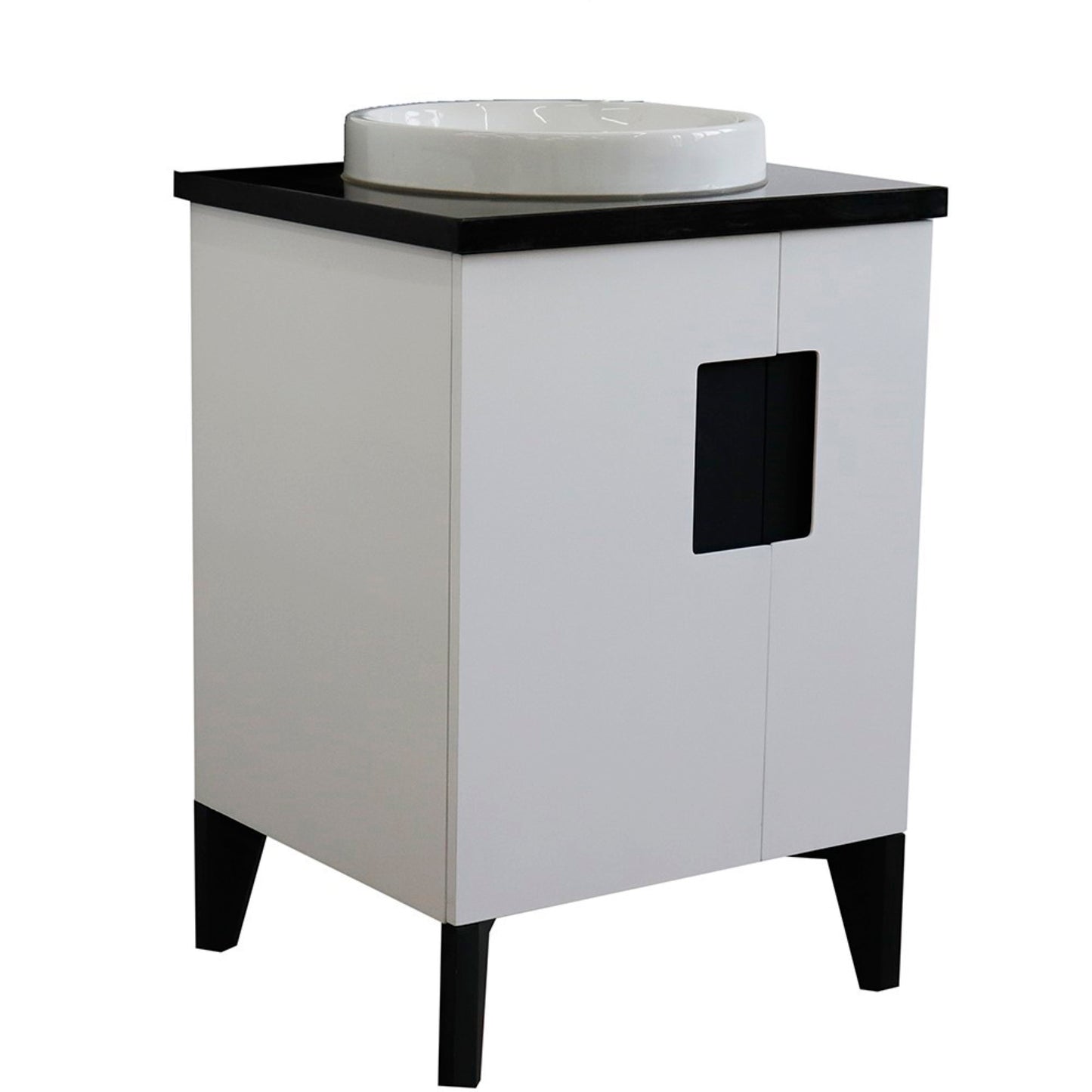 25" Single sink vanity in White finish with Black galaxy granite and round sink