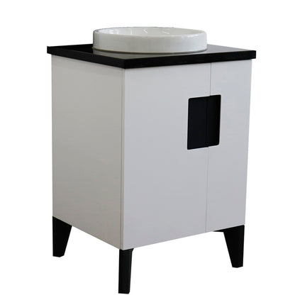 25" Single sink vanity in White finish with Black galaxy granite and round sink