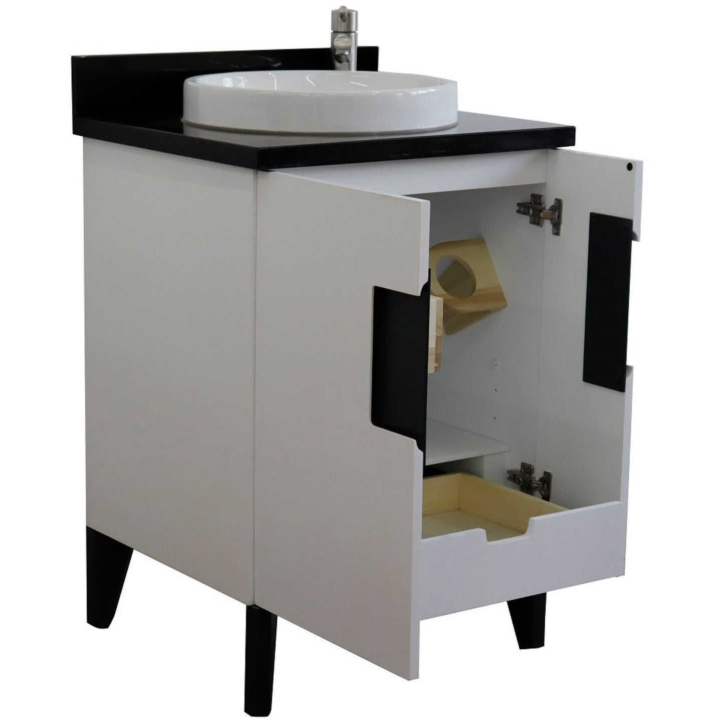 25" Single sink vanity in White finish with Black galaxy granite and round sink