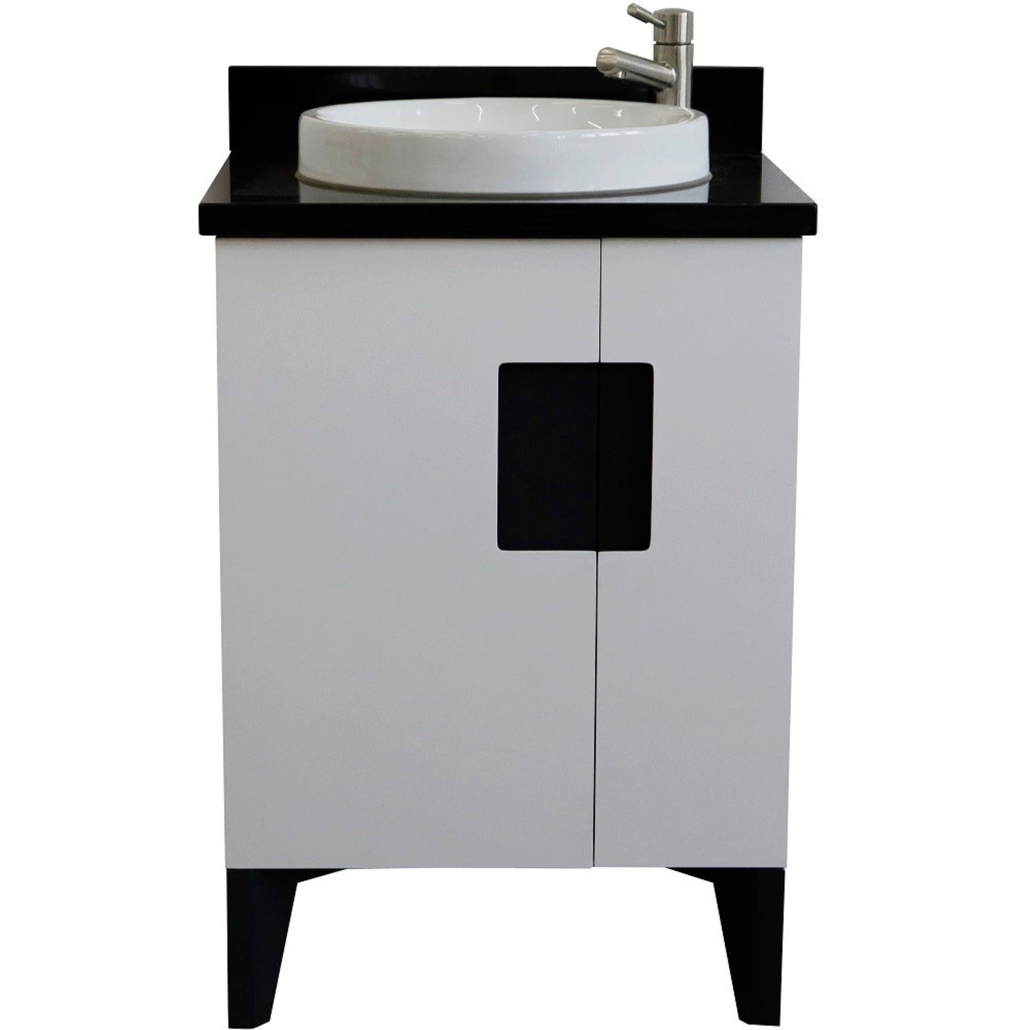 25" Single sink vanity in White finish with Black galaxy granite and round sink