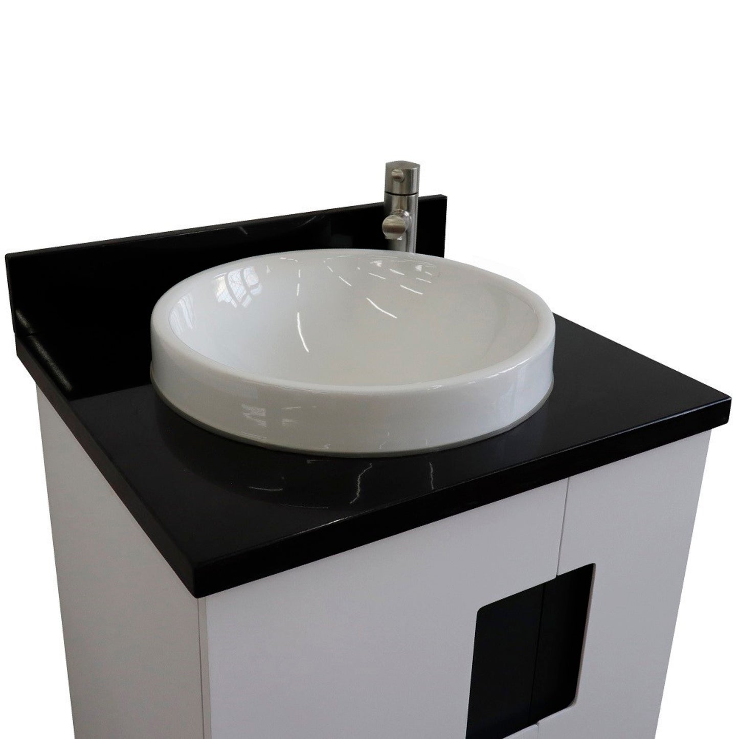 25" Single sink vanity in White finish with Black galaxy granite and round sink