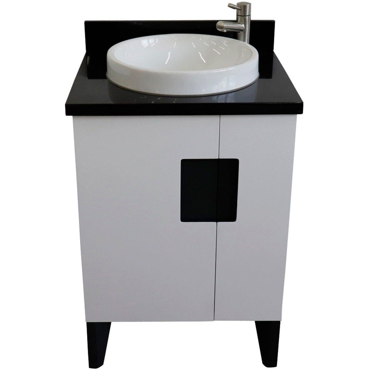 25" Single sink vanity in White finish with Black galaxy granite and round sink