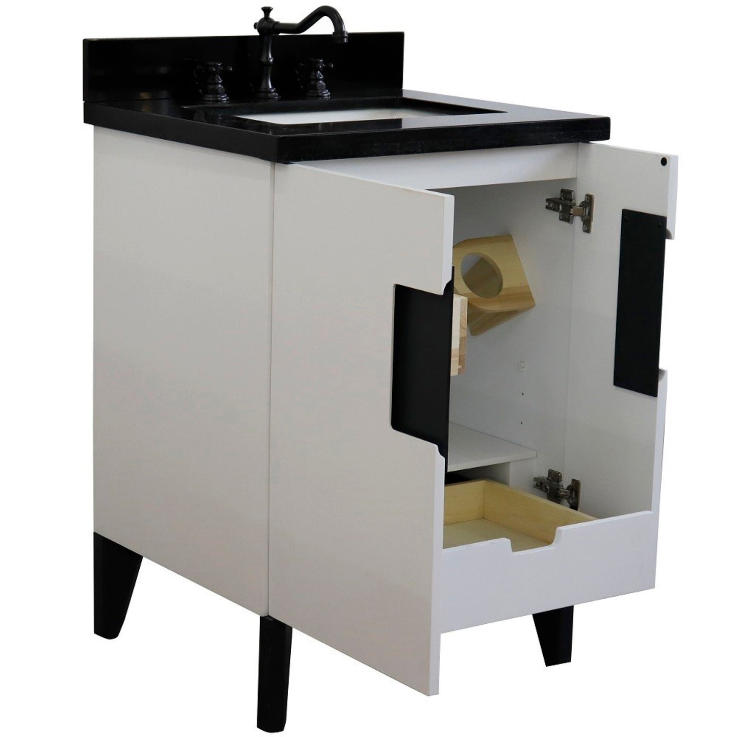 25" Single sink vanity in White finish with Black galaxy granite and rectangle sink