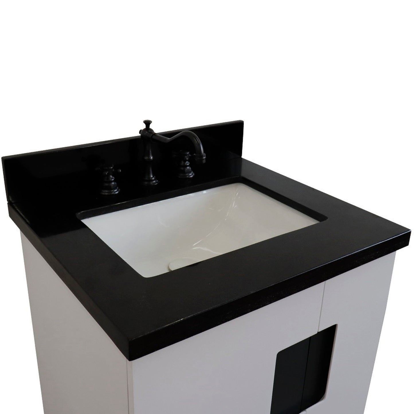 25" Single sink vanity in White finish with Black galaxy granite and rectangle sink