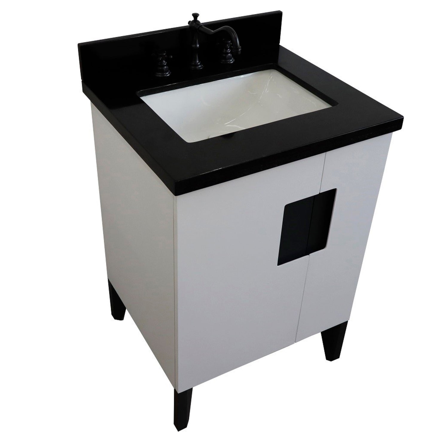 25" Single sink vanity in White finish with Black galaxy granite and rectangle sink