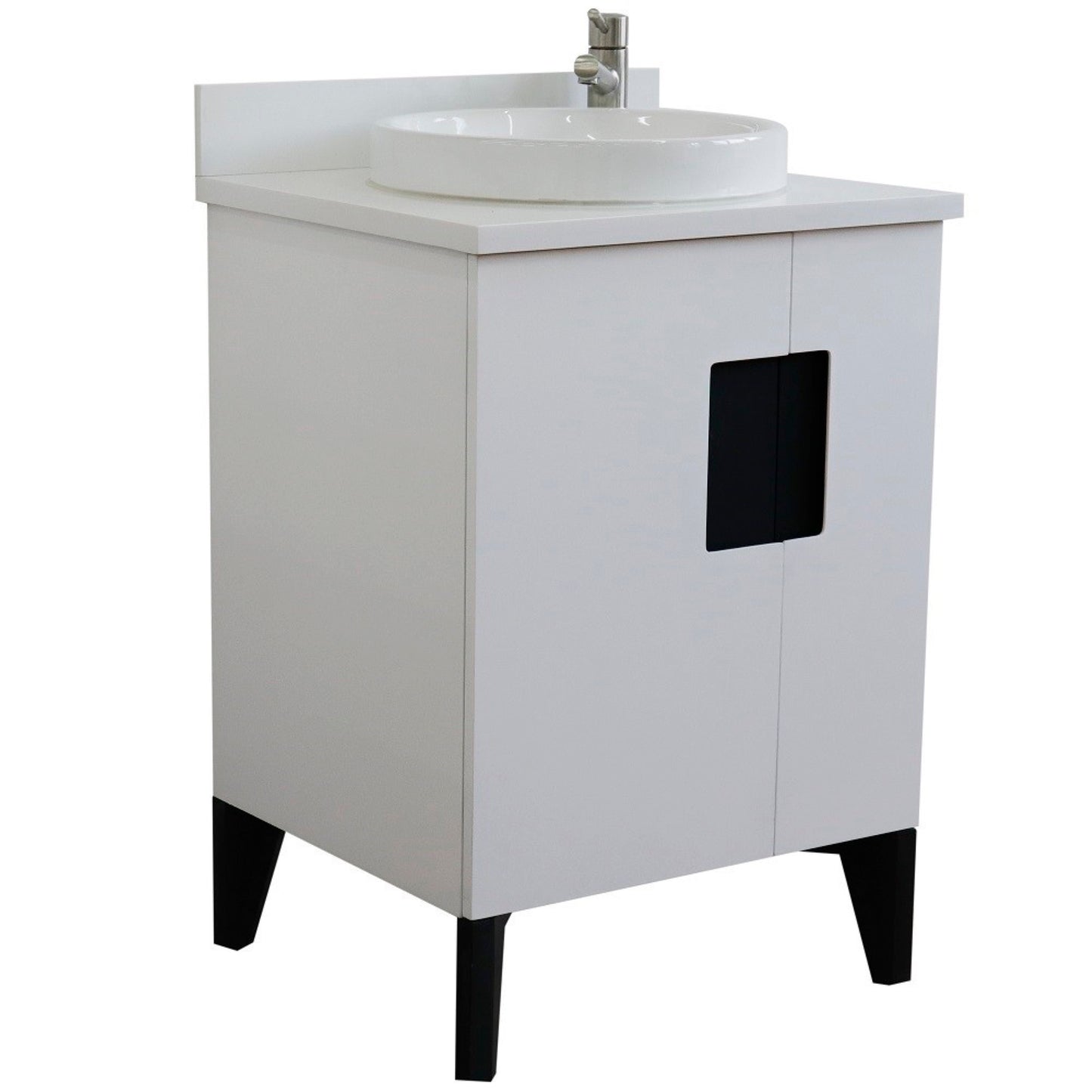 25" Single sink vanity in White finish with White engineered stone and round sink