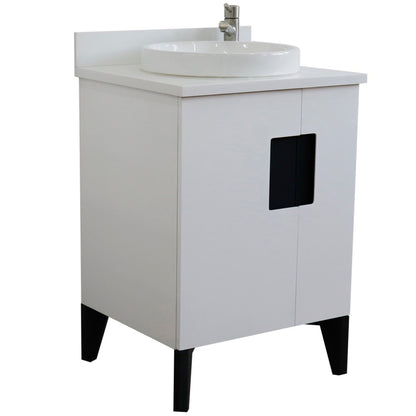 25" Single sink vanity in White finish with White engineered stone and round sink