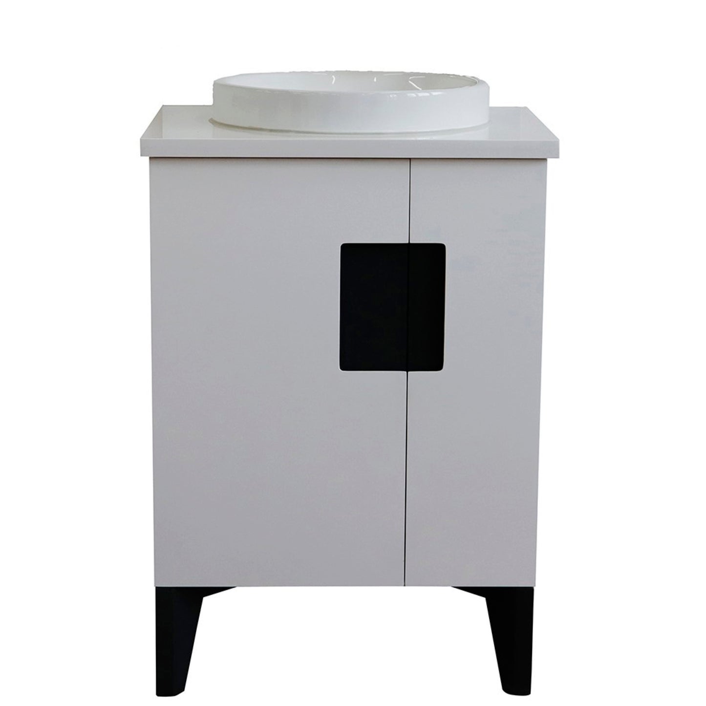 25" Single sink vanity in White finish with White engineered stone and round sink