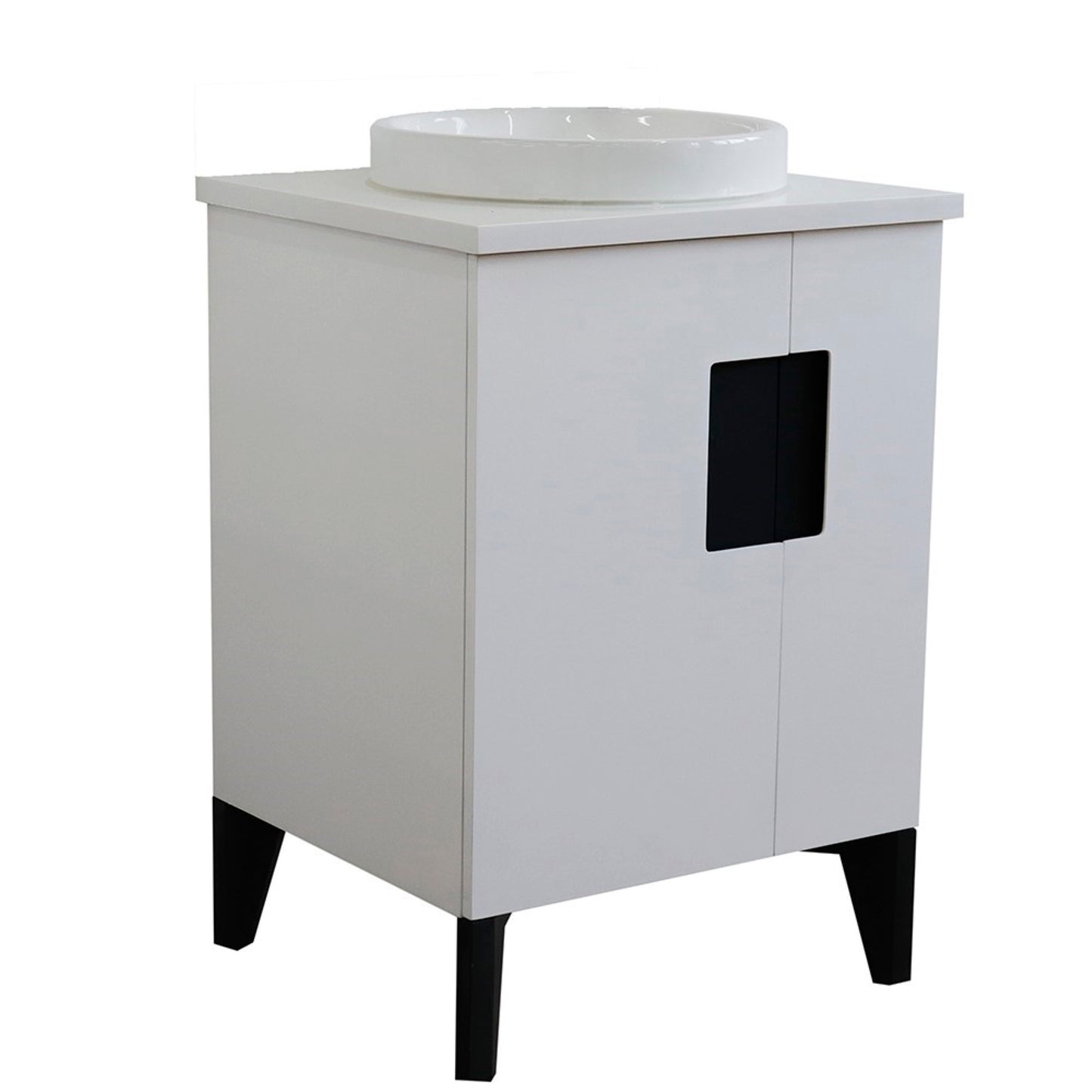 25" Single sink vanity in White finish with White engineered stone and round sink