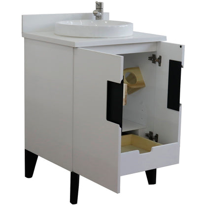25" Single sink vanity in White finish with White engineered stone and round sink