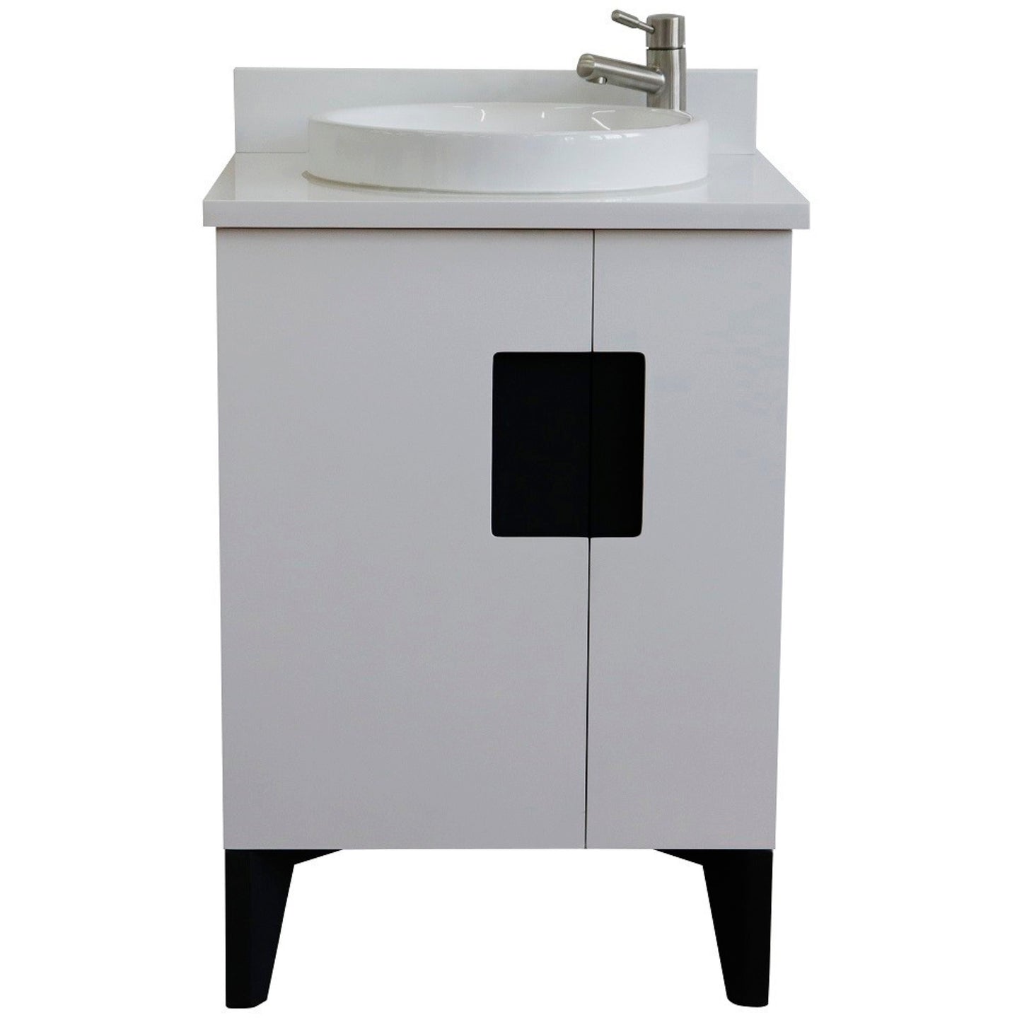 25" Single sink vanity in White finish with White engineered stone and round sink