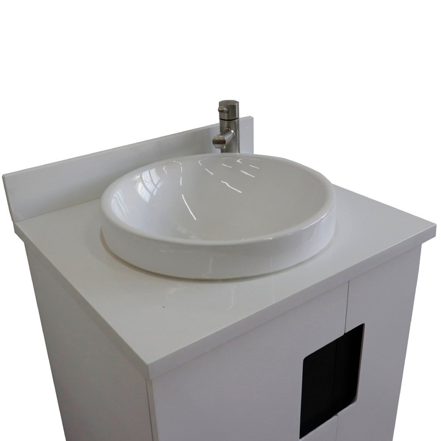 25" Single sink vanity in White finish with White engineered stone and round sink