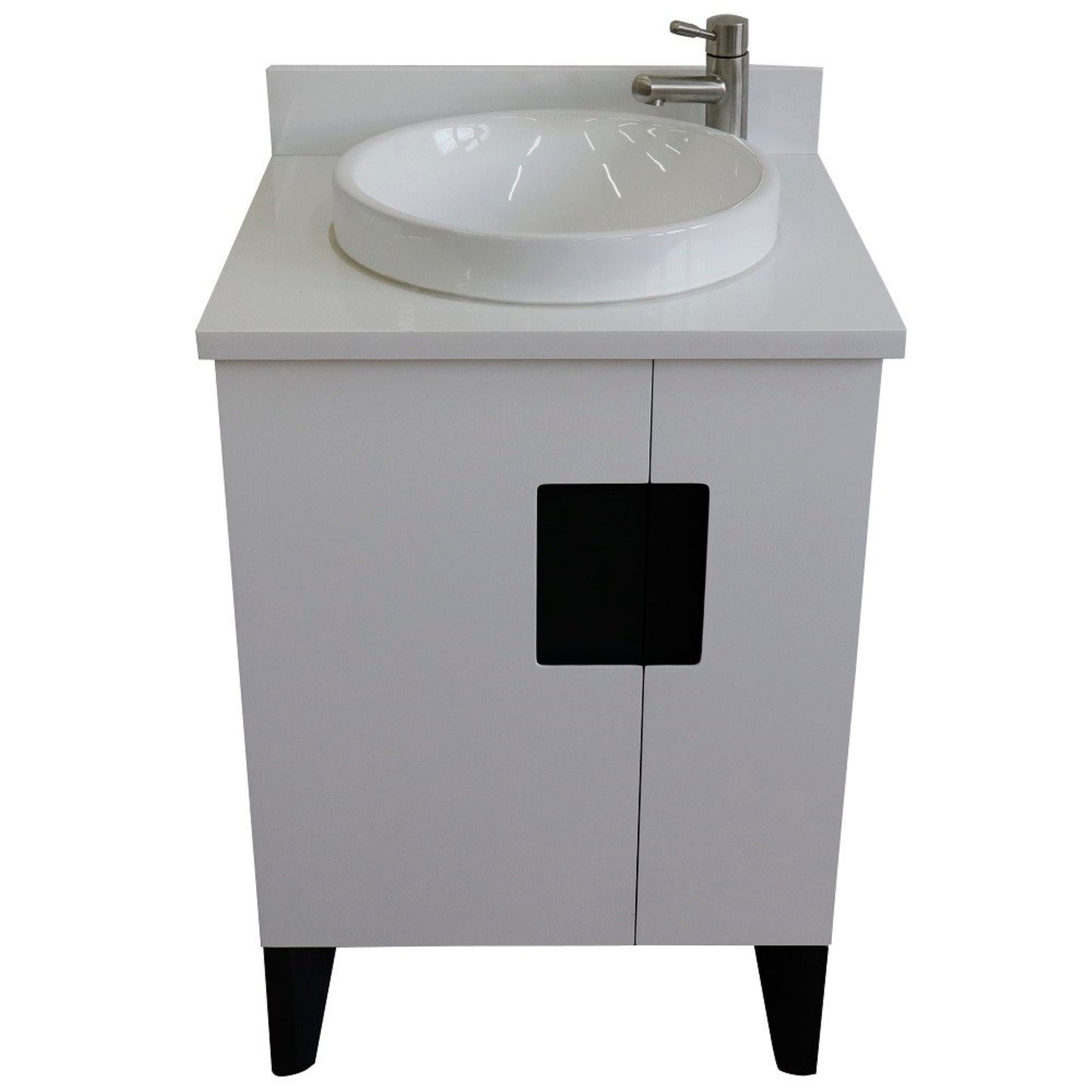 25" Single sink vanity in White finish with White engineered stone and round sink