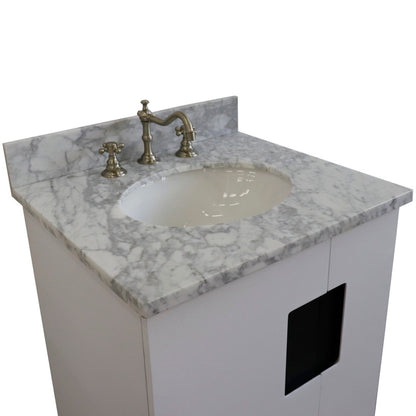25" Single sink vanity in White finish with White Carrara marble and oval sink