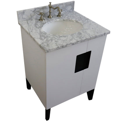 25" Single sink vanity in White finish with White Carrara marble and oval sink
