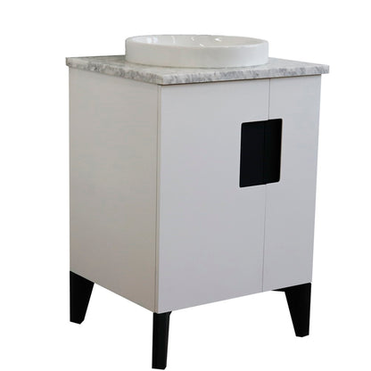25" Single sink vanity in White finish with White Carrara marble and round sink