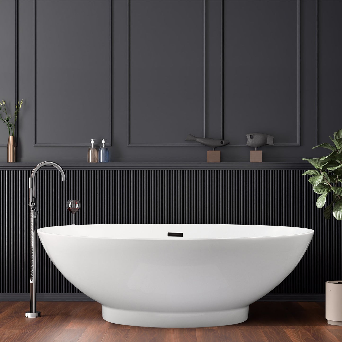 Elbow 67" x 32" Flatbottom Freestanding Acrylic Soaking Bathtub in Glossy White with Drain and Overflow