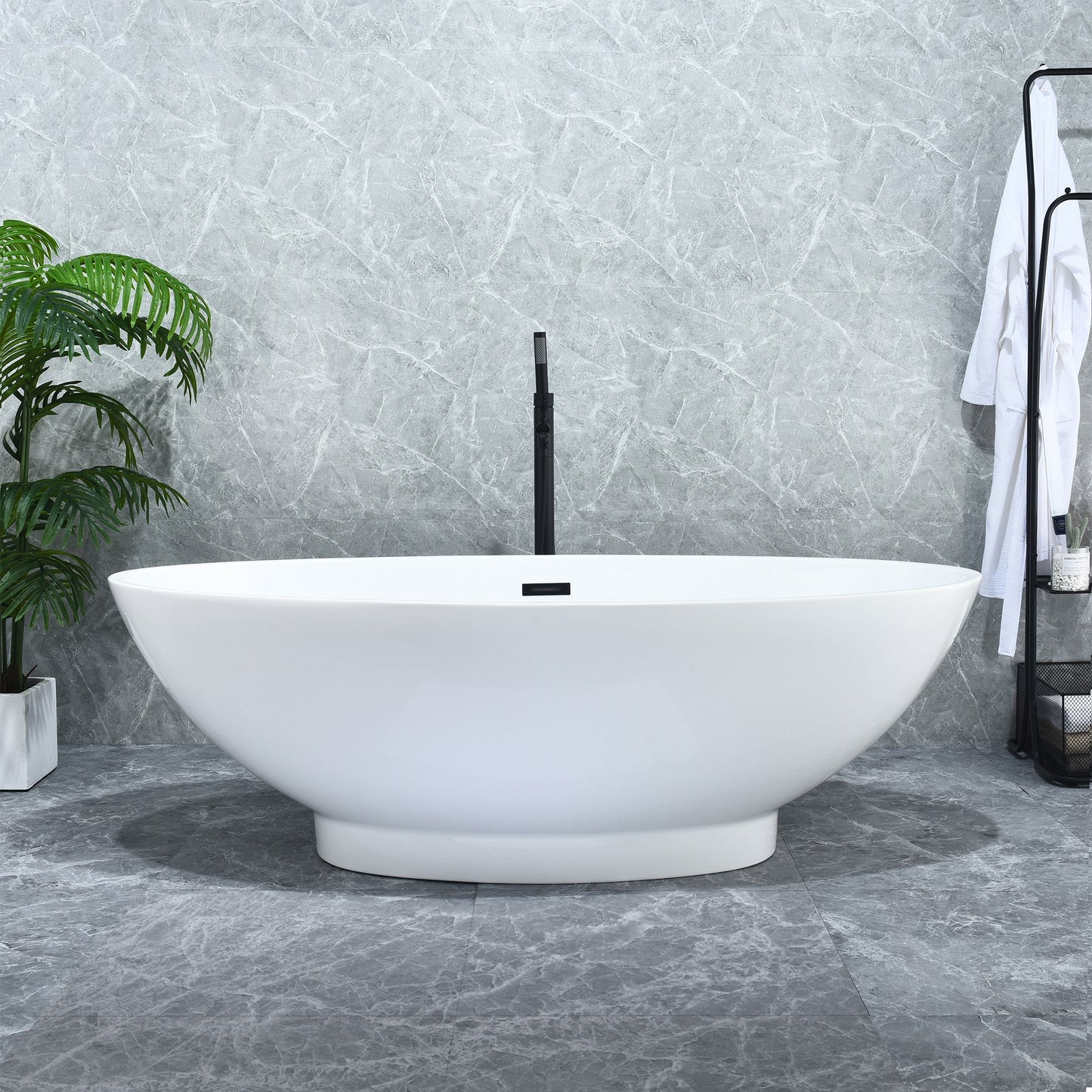 Elbow 67" x 32" Flatbottom Freestanding Acrylic Soaking Bathtub in Glossy White with Drain and Overflow