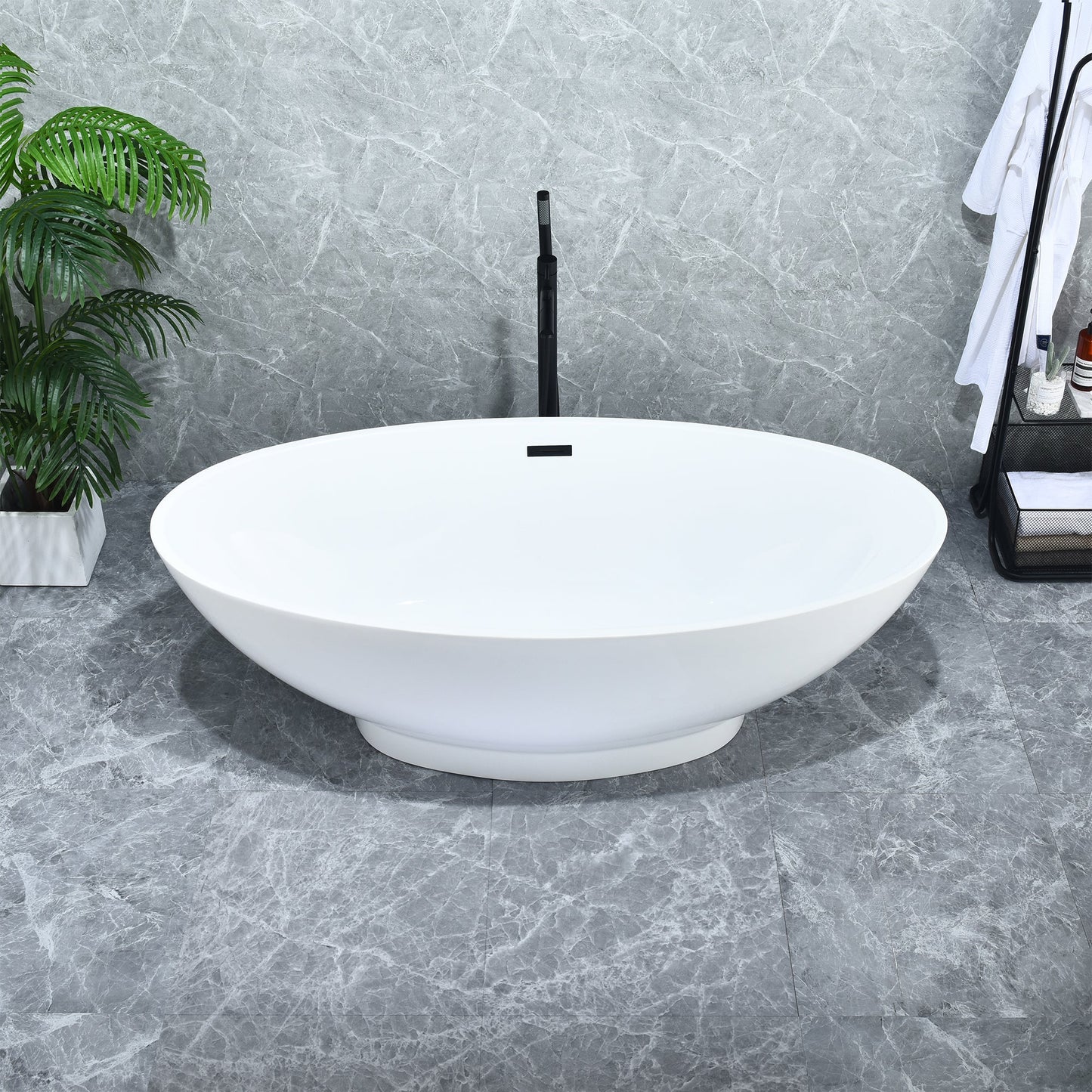 Elbow 67" x 32" Flatbottom Freestanding Acrylic Soaking Bathtub in Glossy White with Drain and Overflow