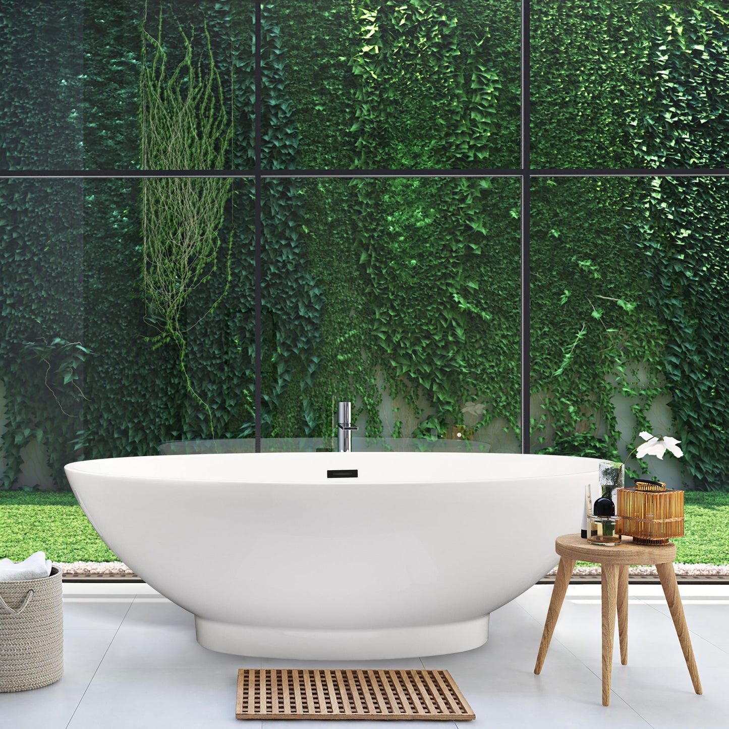 Elbow 67" x 32" Flatbottom Freestanding Acrylic Soaking Bathtub in Glossy White with Drain and Overflow