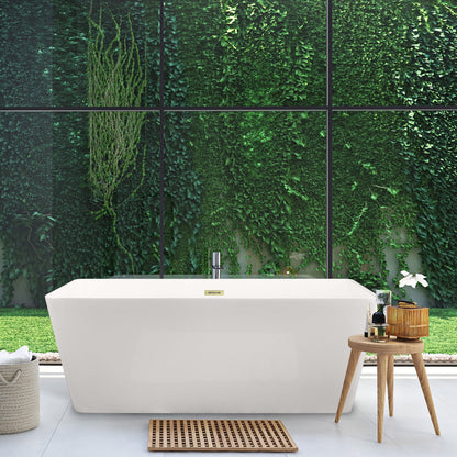 Terrak 59" x 28" Flatbottom Freestanding Acrylic Soaking Bathtub in Glossy White with Drain and Overflow
