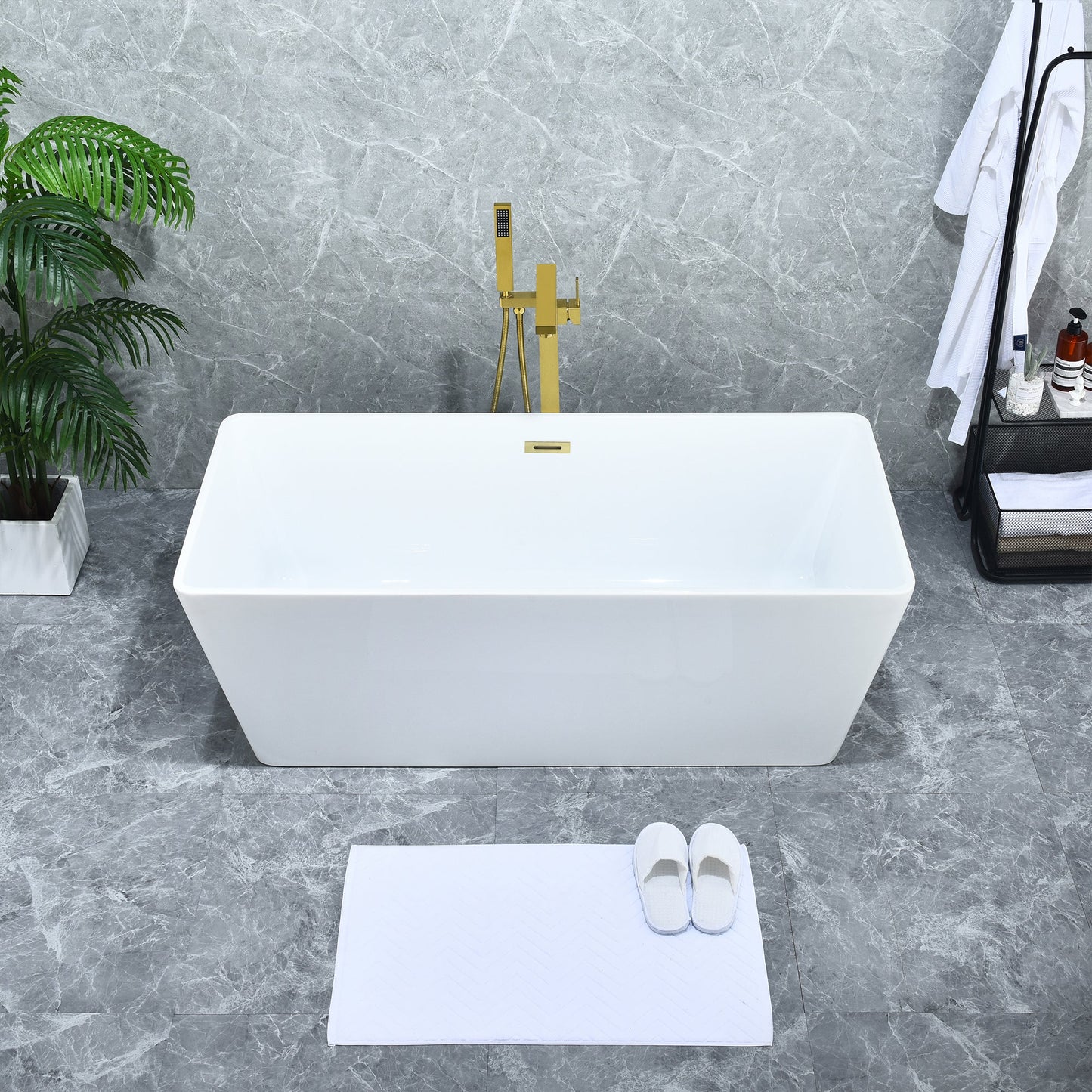 Terrak 59" x 28" Flatbottom Freestanding Acrylic Soaking Bathtub in Glossy White with Drain and Overflow