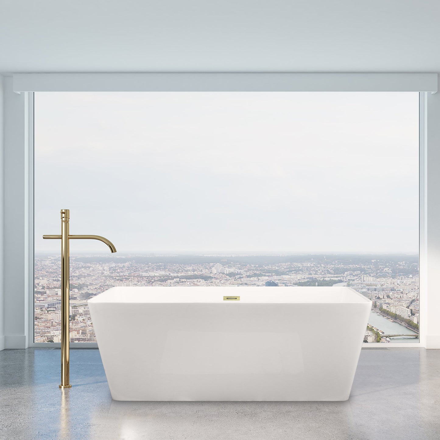 Terrak 59" x 28" Flatbottom Freestanding Acrylic Soaking Bathtub in Glossy White with Drain and Overflow