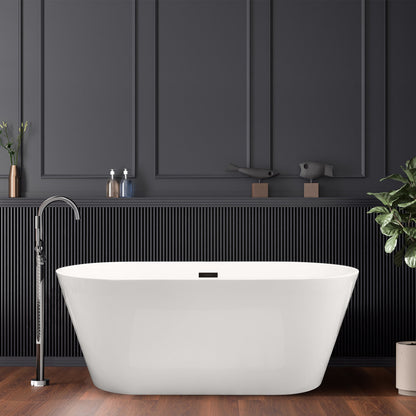 Kaprun 59" x 30" Flatbottom Freestanding Acrylic Soaking Bathtub in Glossy White with Drain and Overflow