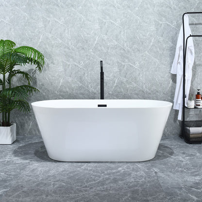 Kaprun 59" x 30" Flatbottom Freestanding Acrylic Soaking Bathtub in Glossy White with Drain and Overflow